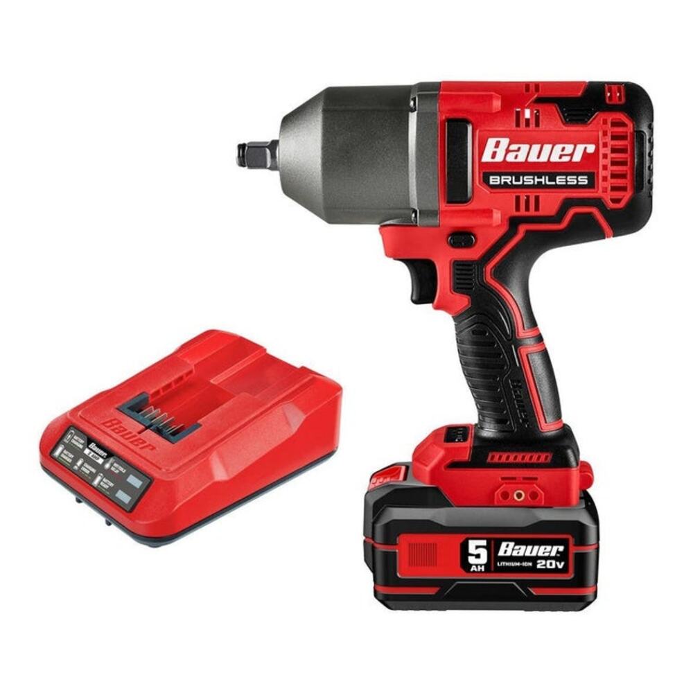 BAUER 20V Brushless Cordless 1/2 in. High-Torque Impact Wrench, Battery, Charger